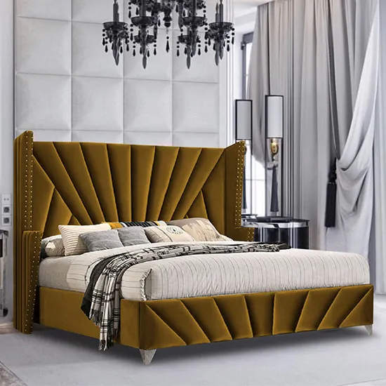 Pikeville Plush Velvet Double Bed In Mustard