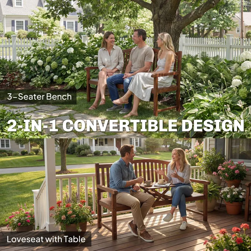 OUTSUNNY Wood Garden Loveseat Bench with Liftable Table, Cover, Light Brown 4