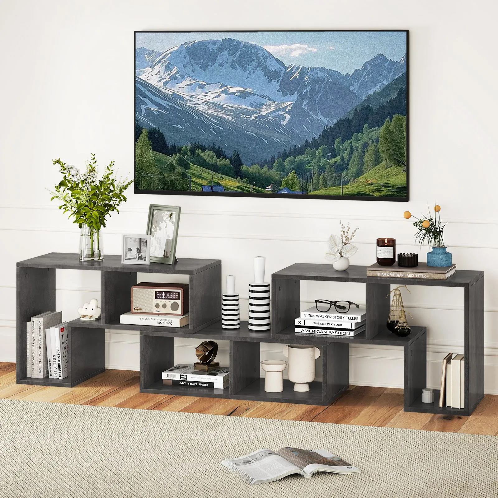 Costway 3 Pieces Adjustable TV Console Stand Modern Entertainment Center in Grey 3