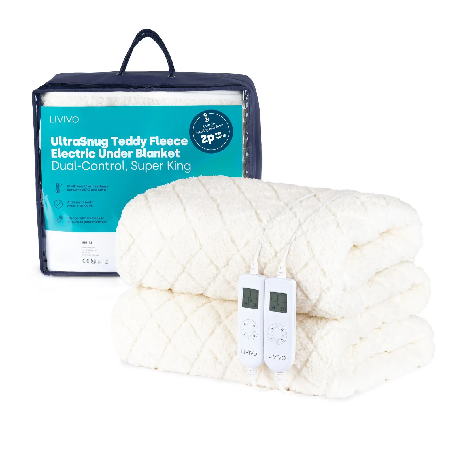 LIVIVO UltraSnug Teddy Fleece Electric Heated Underblanket - Super King with Dual Controls in Off-White