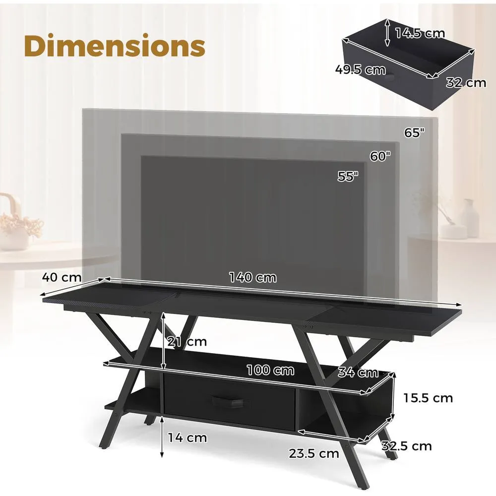 Costway TV Stand for 65" TVs 3-Tier Entertainment Center with LED Lights-Black in Black 5