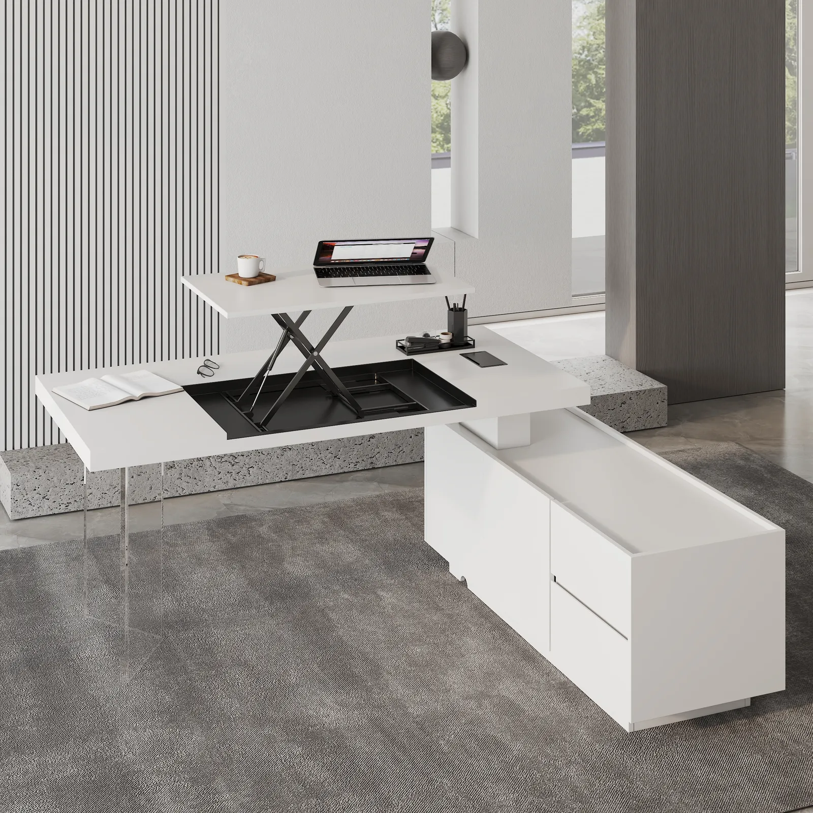 L Shaped Executive Office Desk Standing Desktop with Side Cabinet and lifter Desktop Right Hand(180 cm)