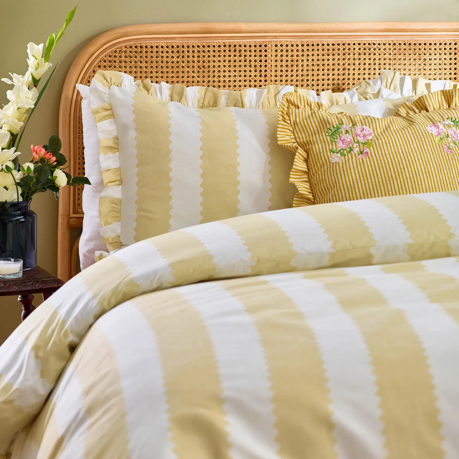 Wylder Birdie Stripe Ruffle Duvet Cover Set in Bright Yellow 2