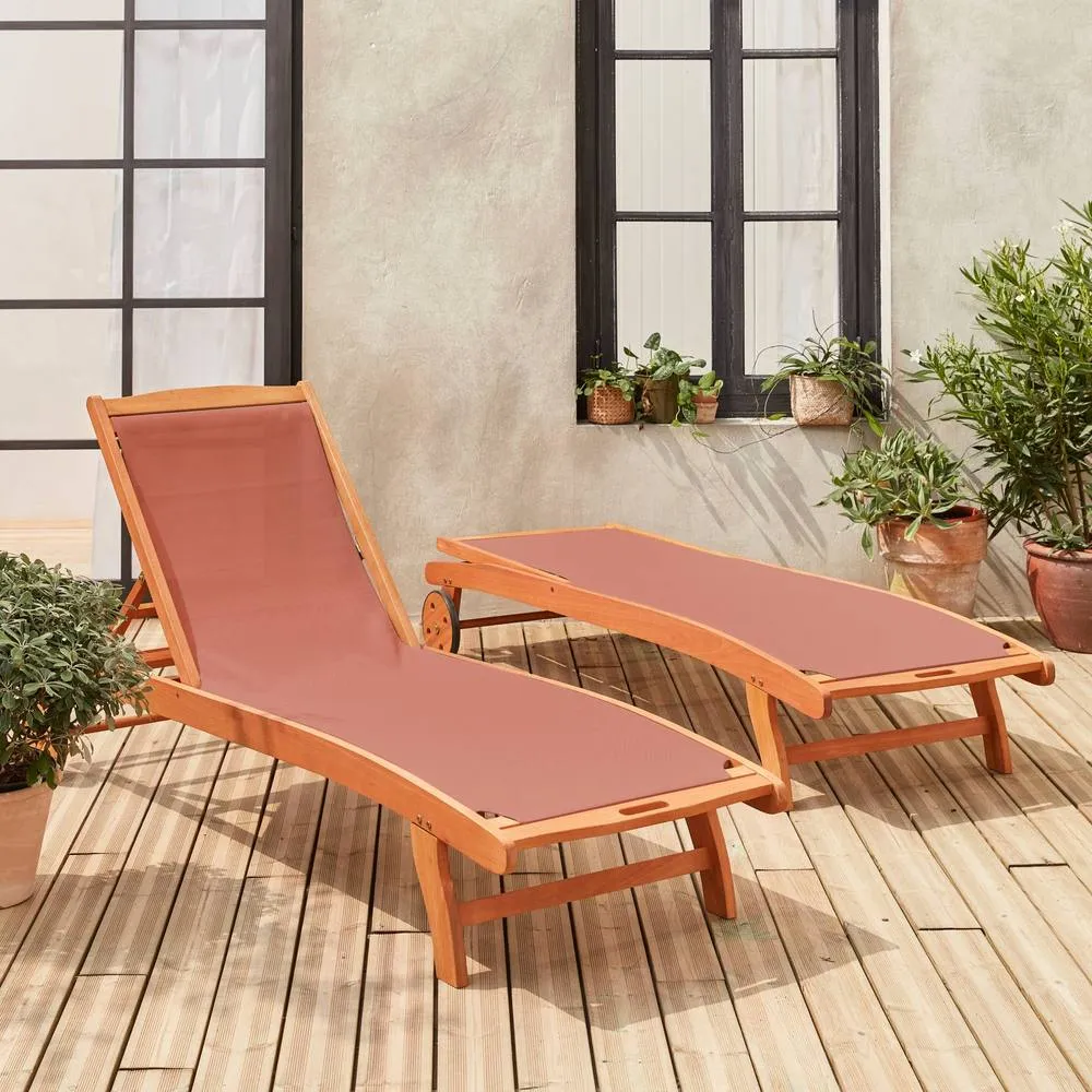 sweeek Pair of wooden & textilene sun loungers in Terracotta 4