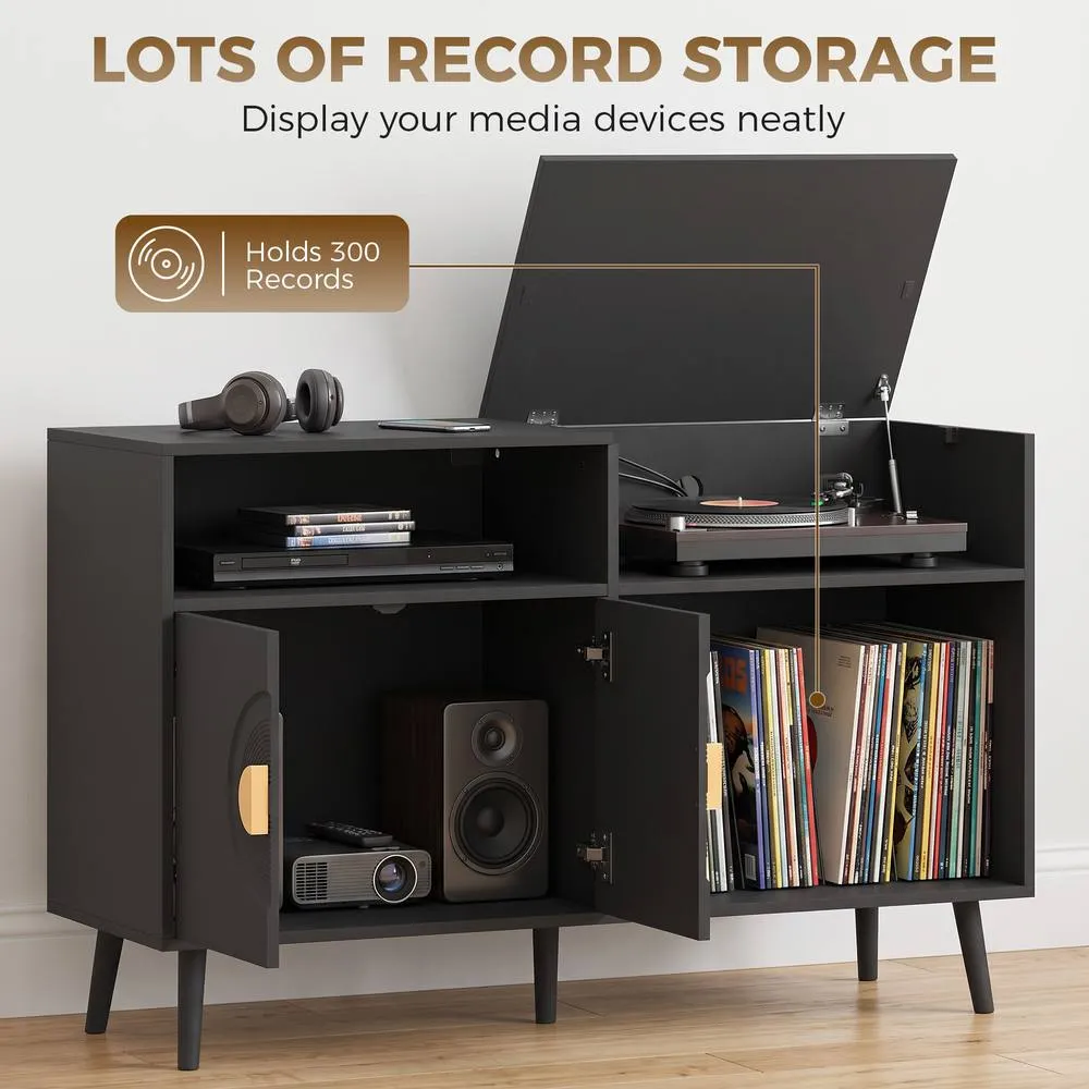 HOMCOM Record Player Stand Holds Up to 300 Albums with Cable Hole in Black 4