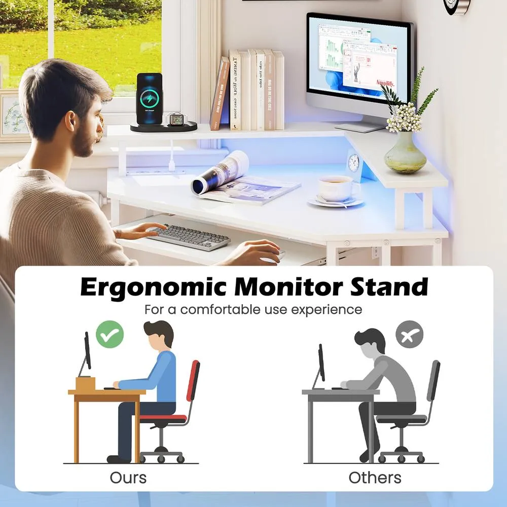 Costway Corner Desk Charging Station Home Triangle Gaming Desk LED in White 5