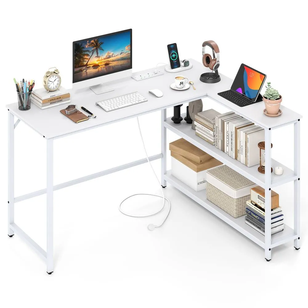 Costway L Shaped Desk Corner Computer Desk Writing Desk w/ Storage Shelves in White 6