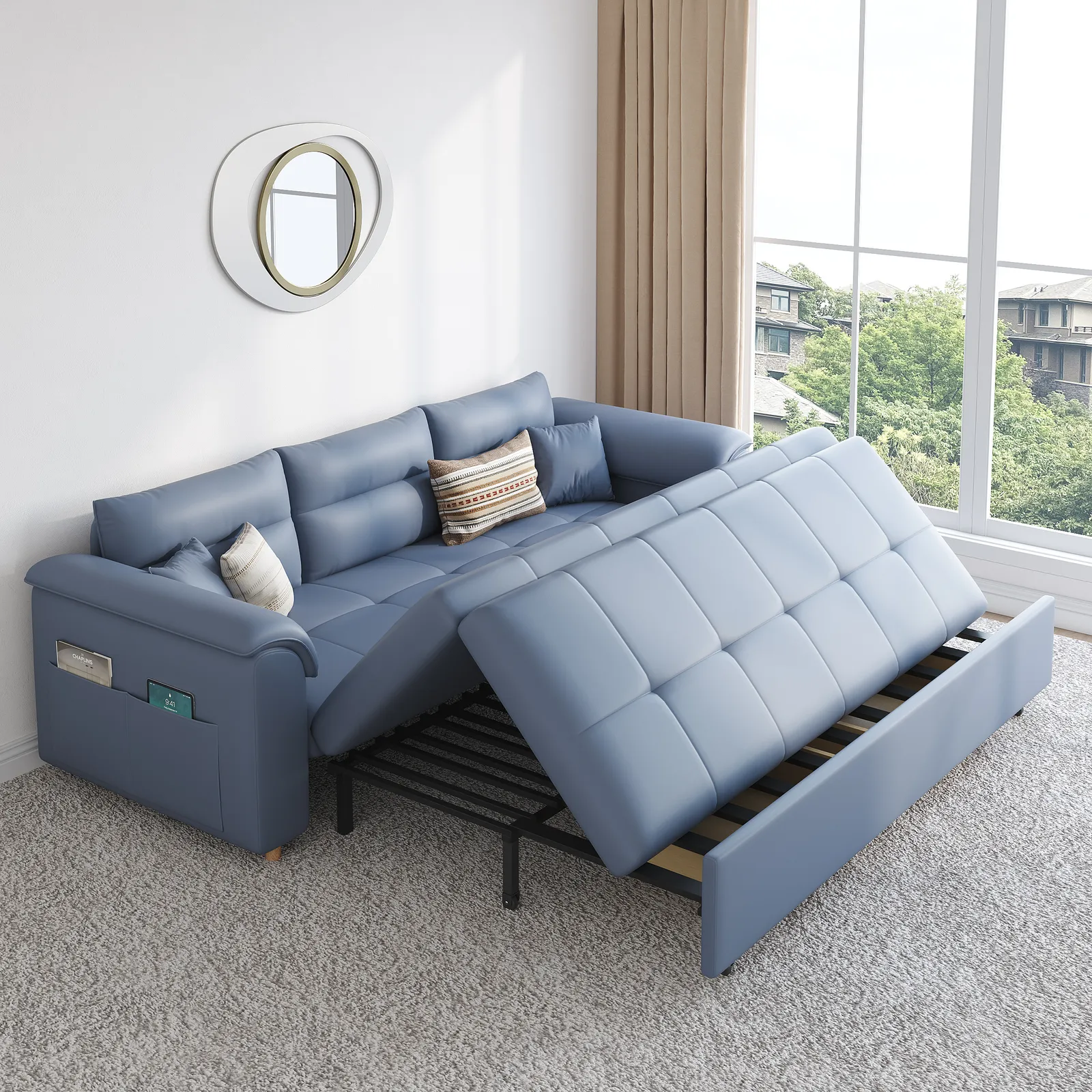 188 cm Full 2-Seater Faux Leather Pull-out Sleeper Sofa with Storage and Side Pockets
