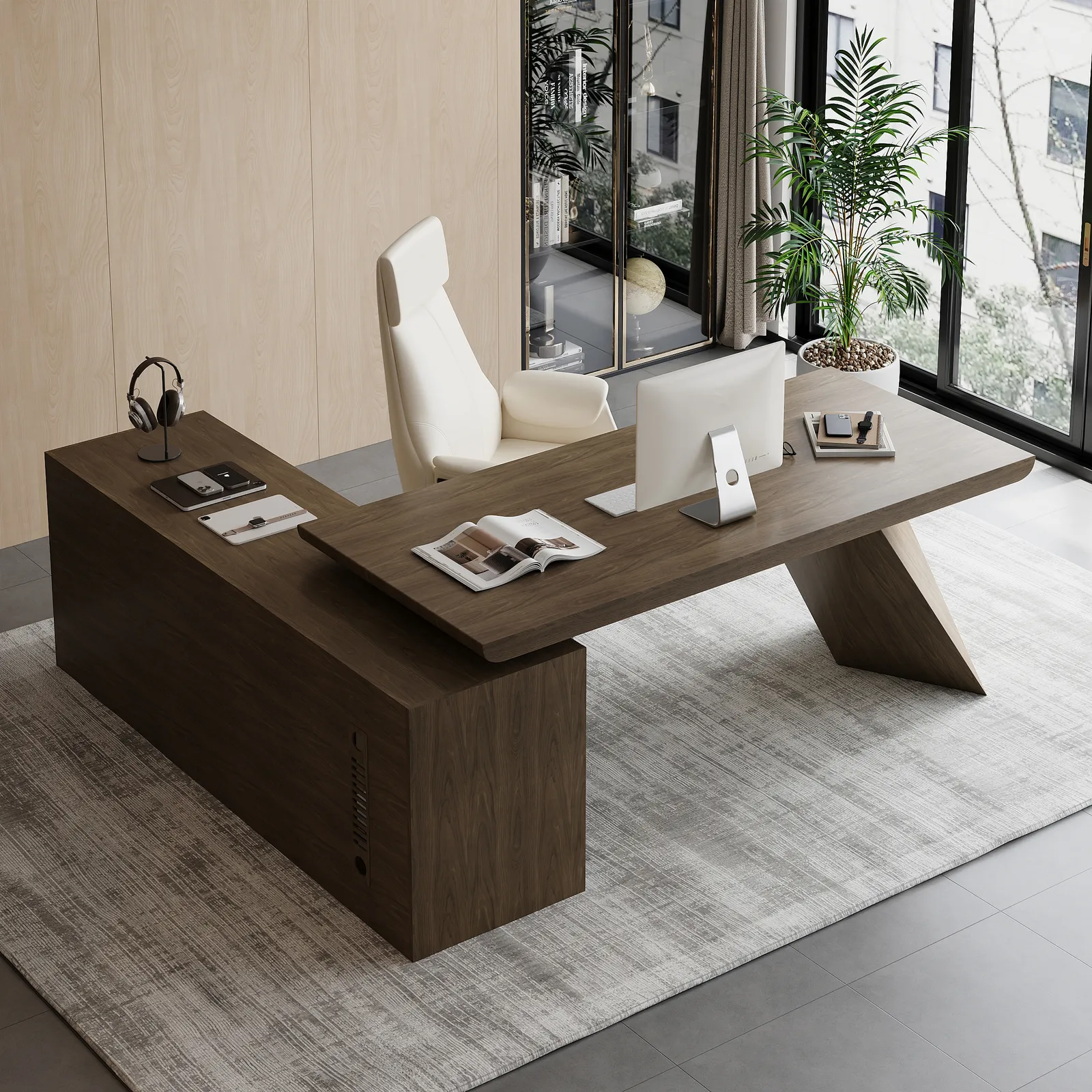 Modern 71" L-Shaped Smoked Brown Executive Desk with Right-Side Cabinet