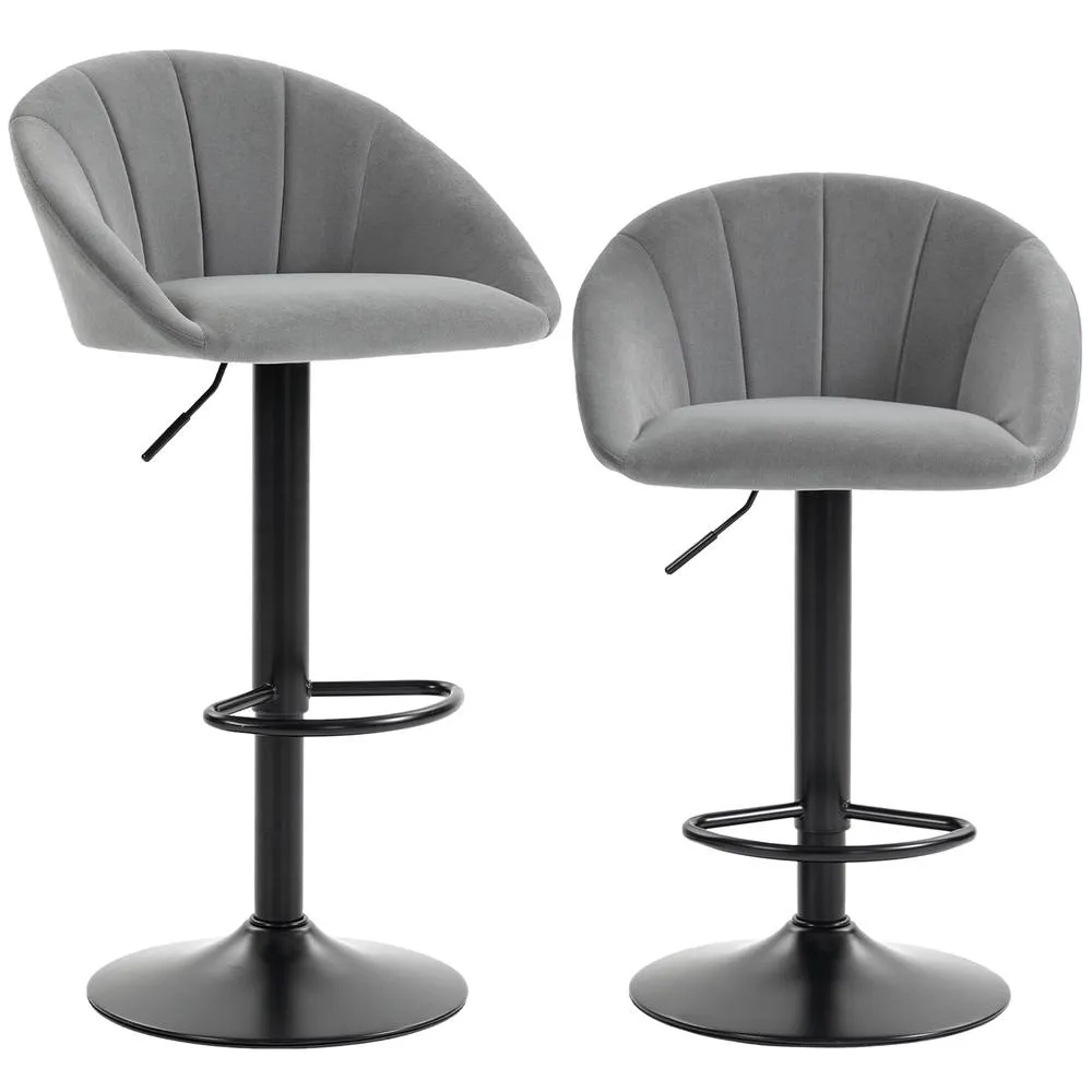 HOMCOM Bar Stools Set of 2 Velvet Adjustable Swivel in Light Grey 1