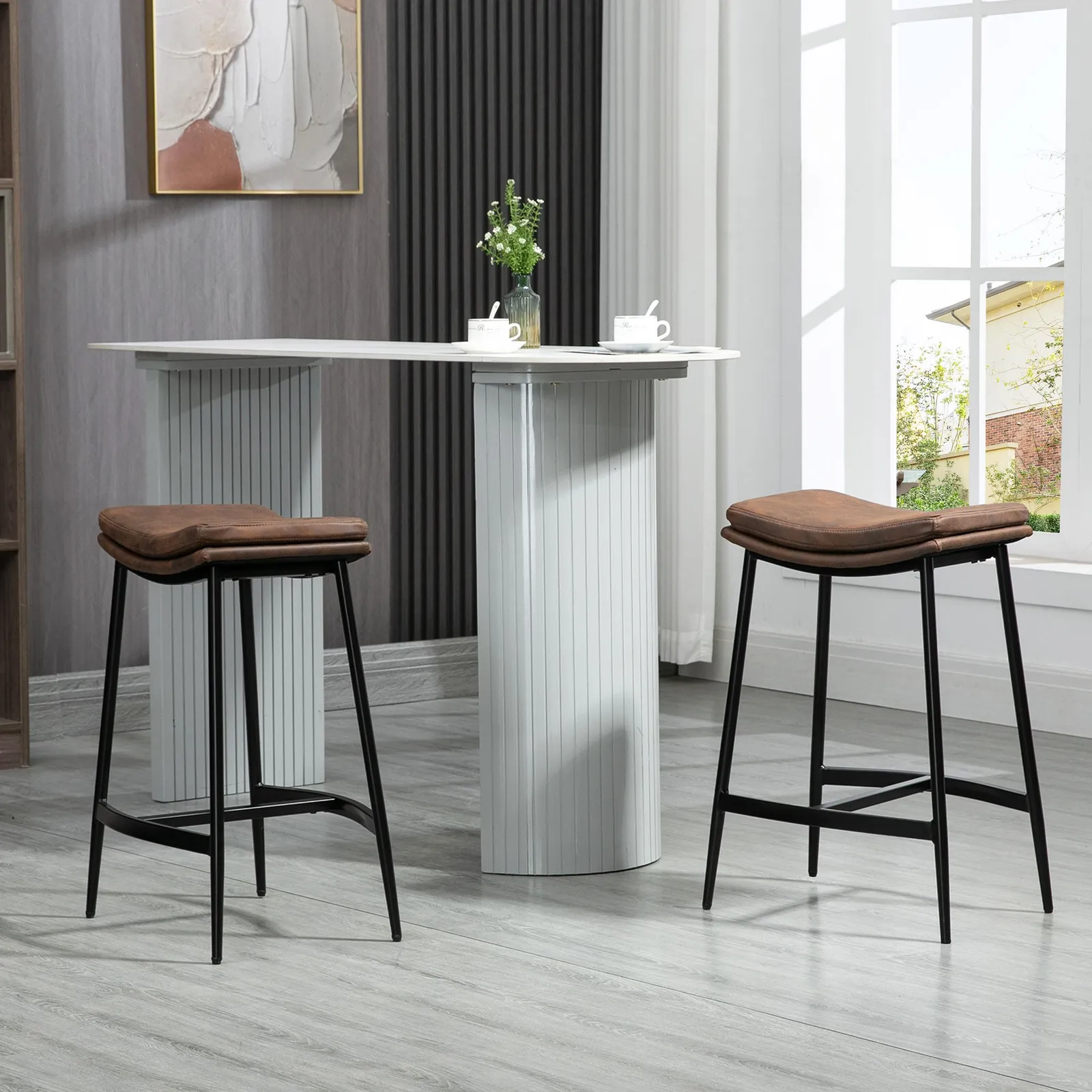 HOMCOM Breakfast Bar Stools Set of 2 Upholstered Barstools w/ Curved Seat in Brown