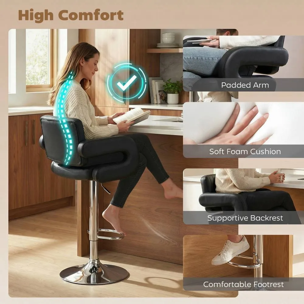 HOMCOM Bar Stools Adjustable Swivel with Armrest Set of 2 Black 4