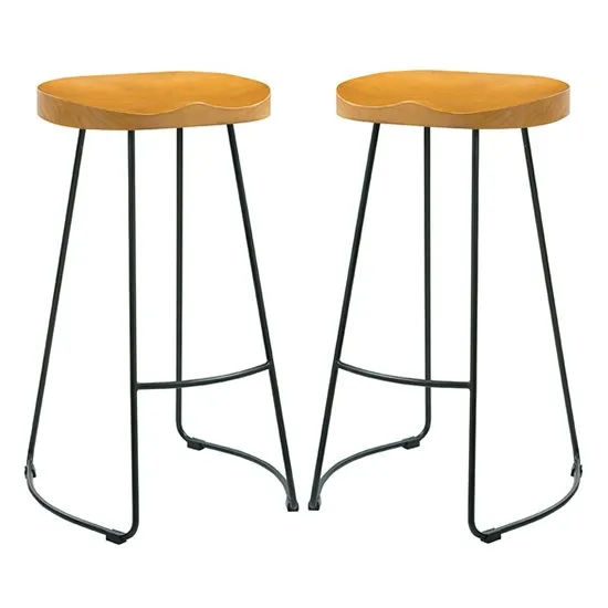 Bailey Black Metal Leg Bar Stool With Pine Wood Seat In Pair
