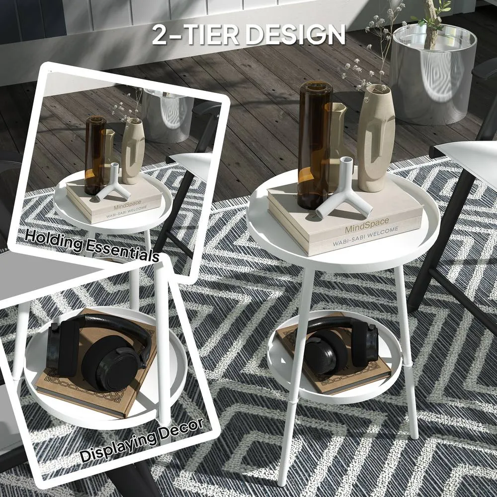 OUTSUNNY Round Garden Table, 2-Tier Metal Patio Table Coffee Table, White 4