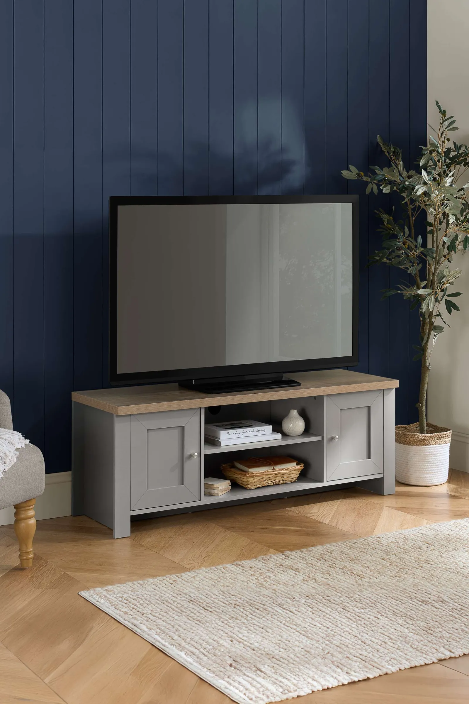 Birlea TV Unit Blue Oak Highgate Large Entertainment Navy Farmhouse Shabby Chic in Grey