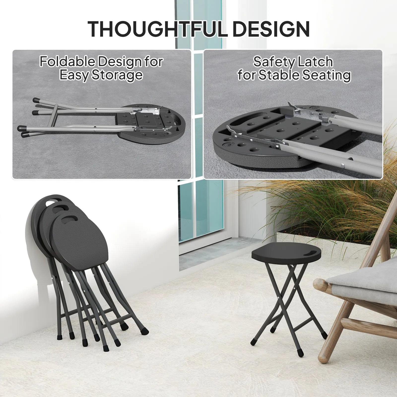 OUTSUNNY Folding Stool Set of 4, Decorative Garden Stool Set, Charcoal Grey in Dark Grey 6