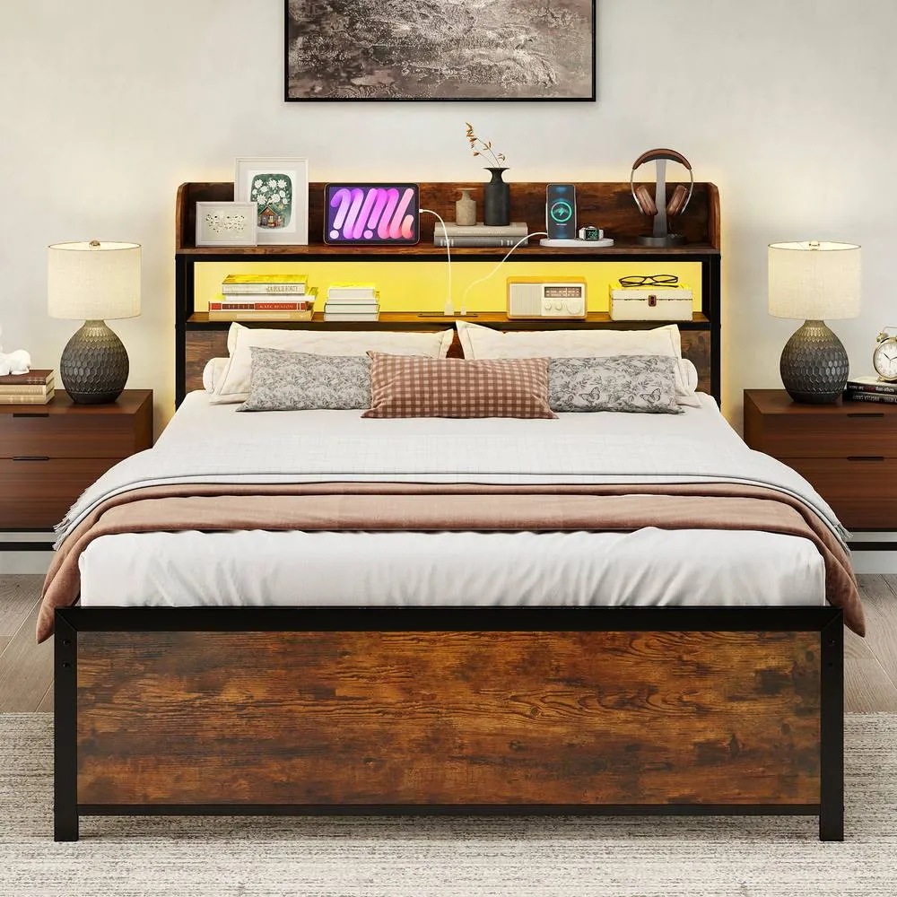 Costway Double Bed Frame w/LED Lights & Power Outlets Platform Bed w/Headboard in Black 5