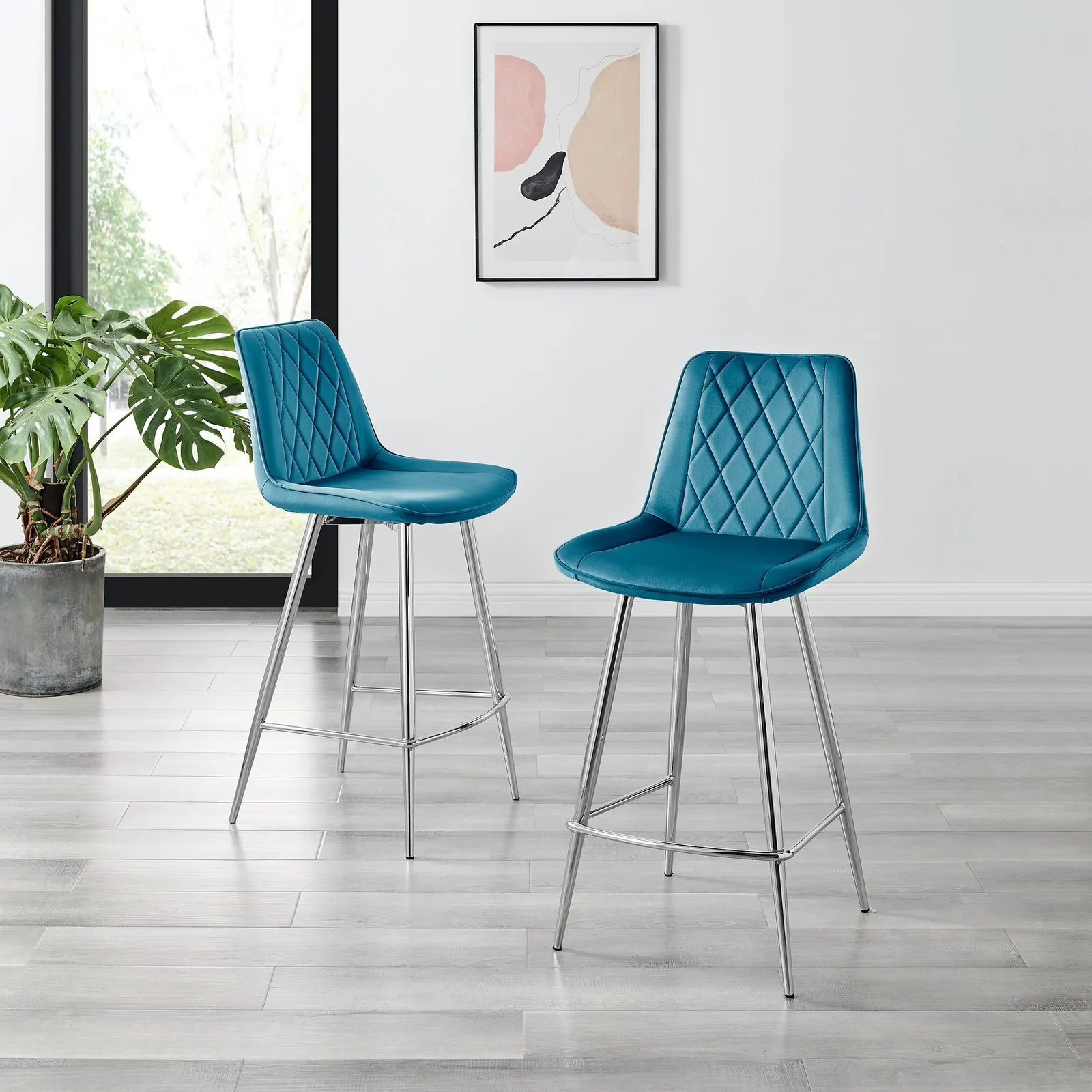 FurnitureboxUK Pesaro Set of 2 Velvet Silver Legs Counter Stools in Blue 2
