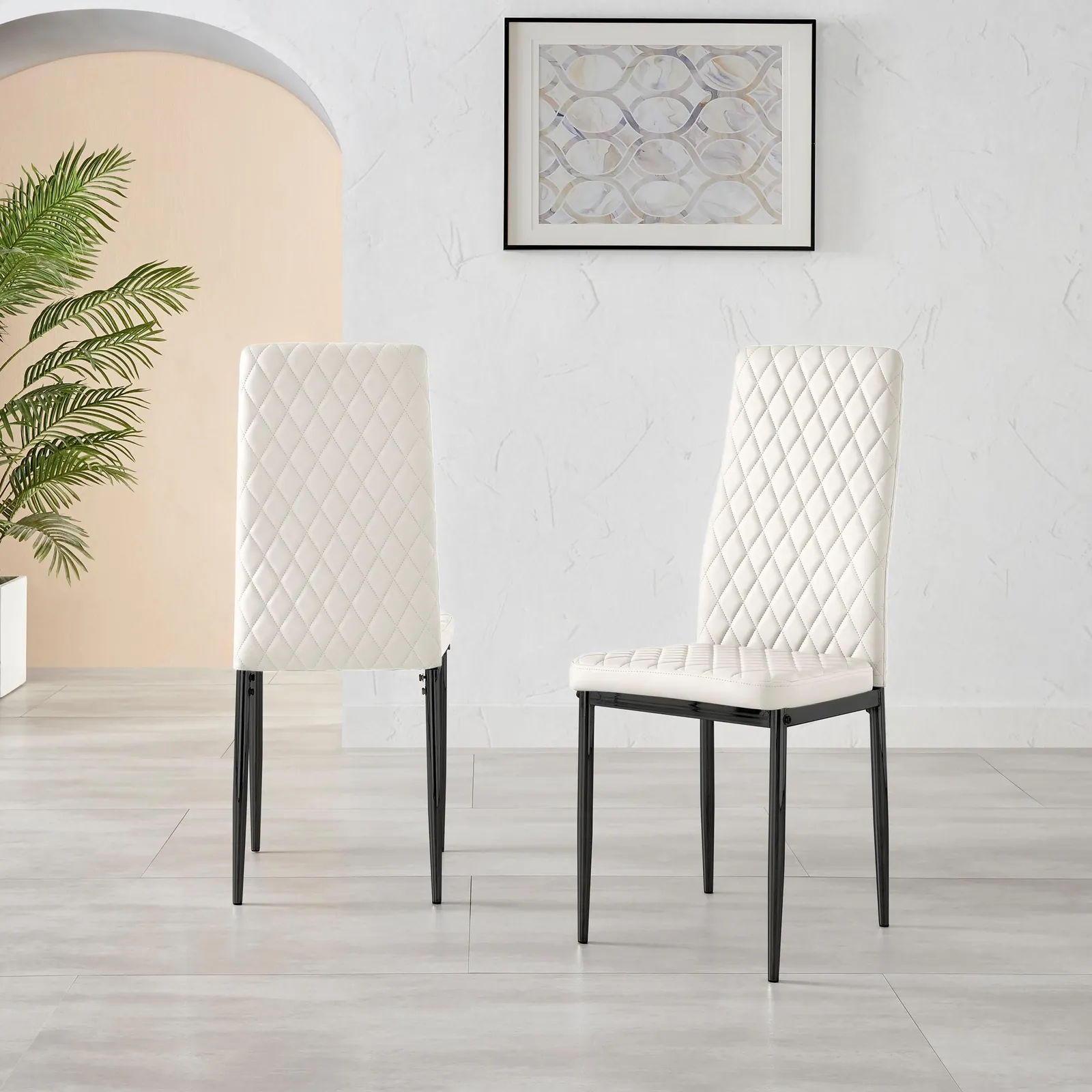 FurnitureboxUK Set of 4 Milan High Back Soft Touch Diamond Pattern Faux Leather Dining Chairs With Black Powder Coated Metal Legs in White 3