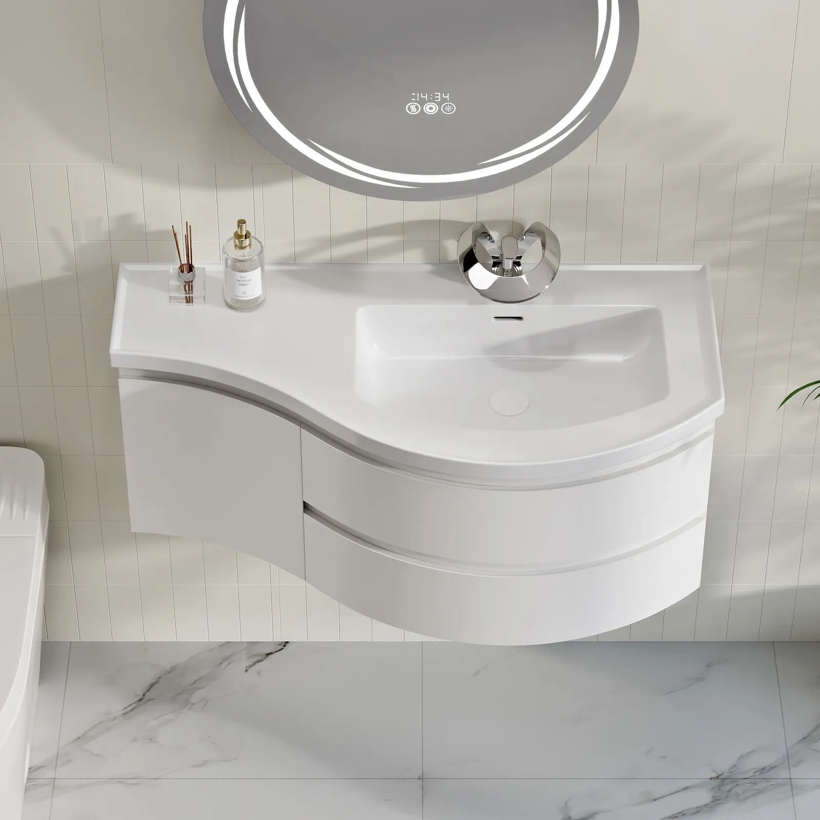 90 cm Floating Curved Bathroom Vanity in White Right Offset Single Sink Bathroom Cabinet