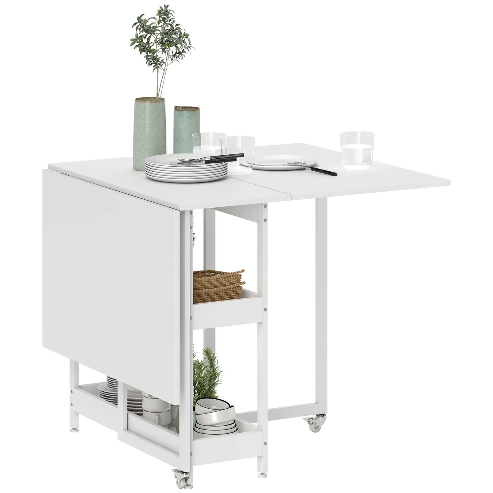 HOMCOM Folding Dining Table, Drop Leaf Table with Open Compartments in White 2