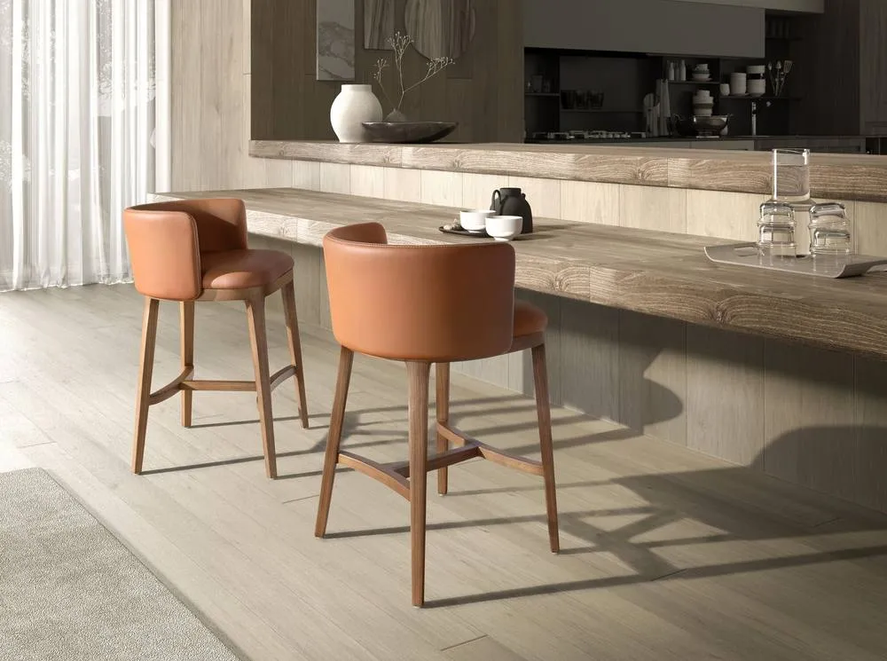 Angel Cerda Brown Leatherette Kitchen Stool, Walnut-Veneered Legs 4