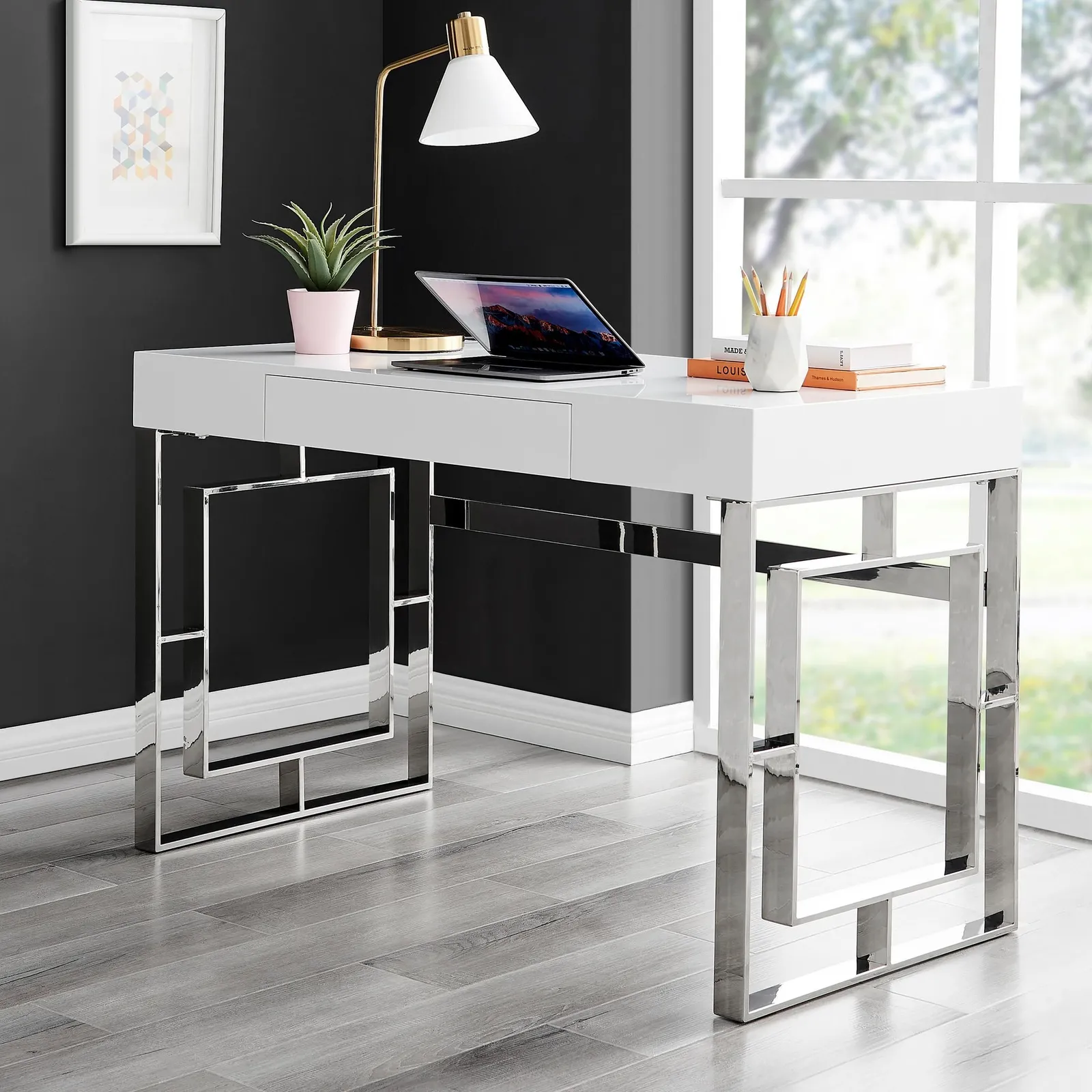 FurnitureboxUK Cambridge White High Gloss Office/Gaming Desk With Silver Chrome Geometric Legs