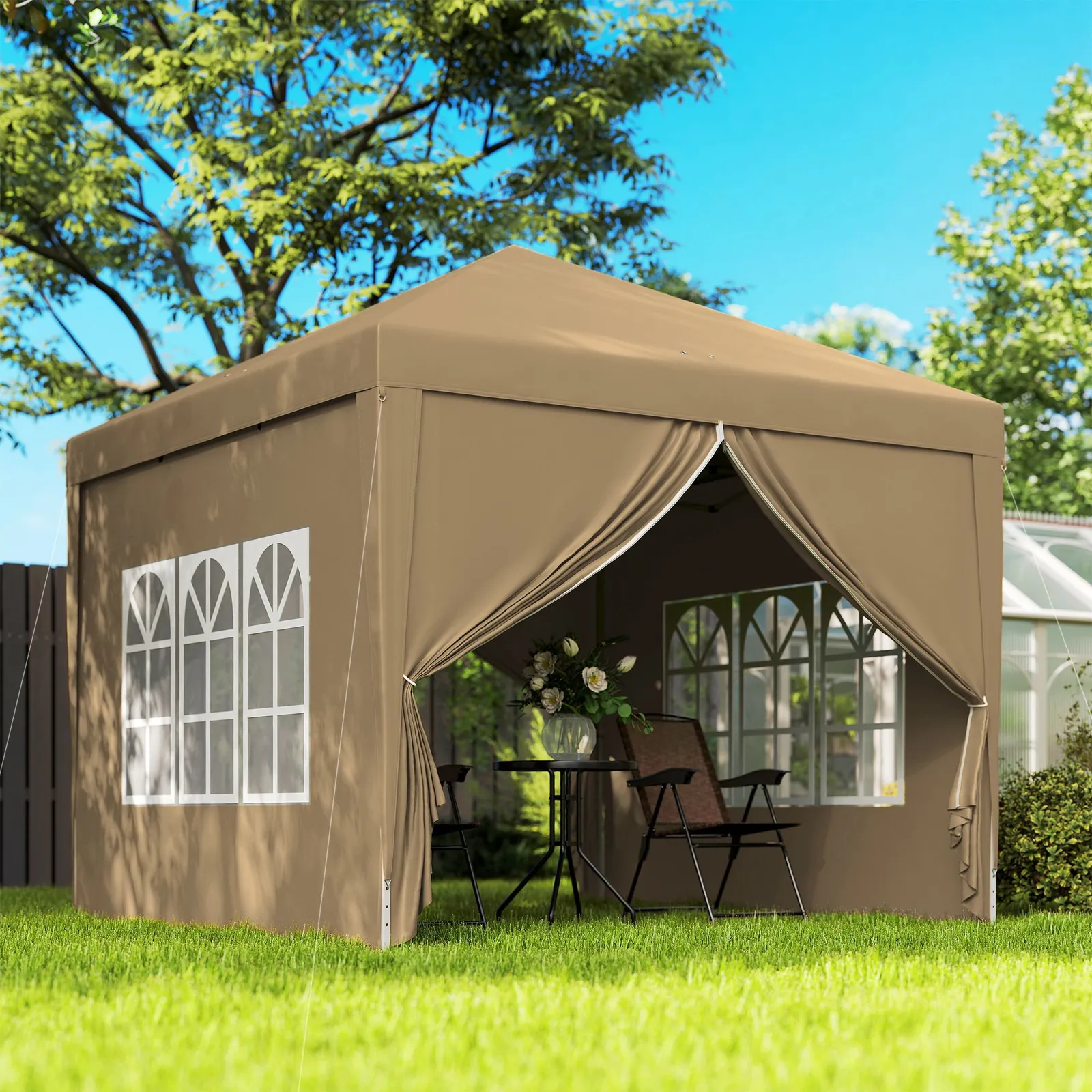 OUTSUNNY 3x3(m) Pop Up Gazebo Canopy Marquee w/ Carry Bag, Khaki in Brown