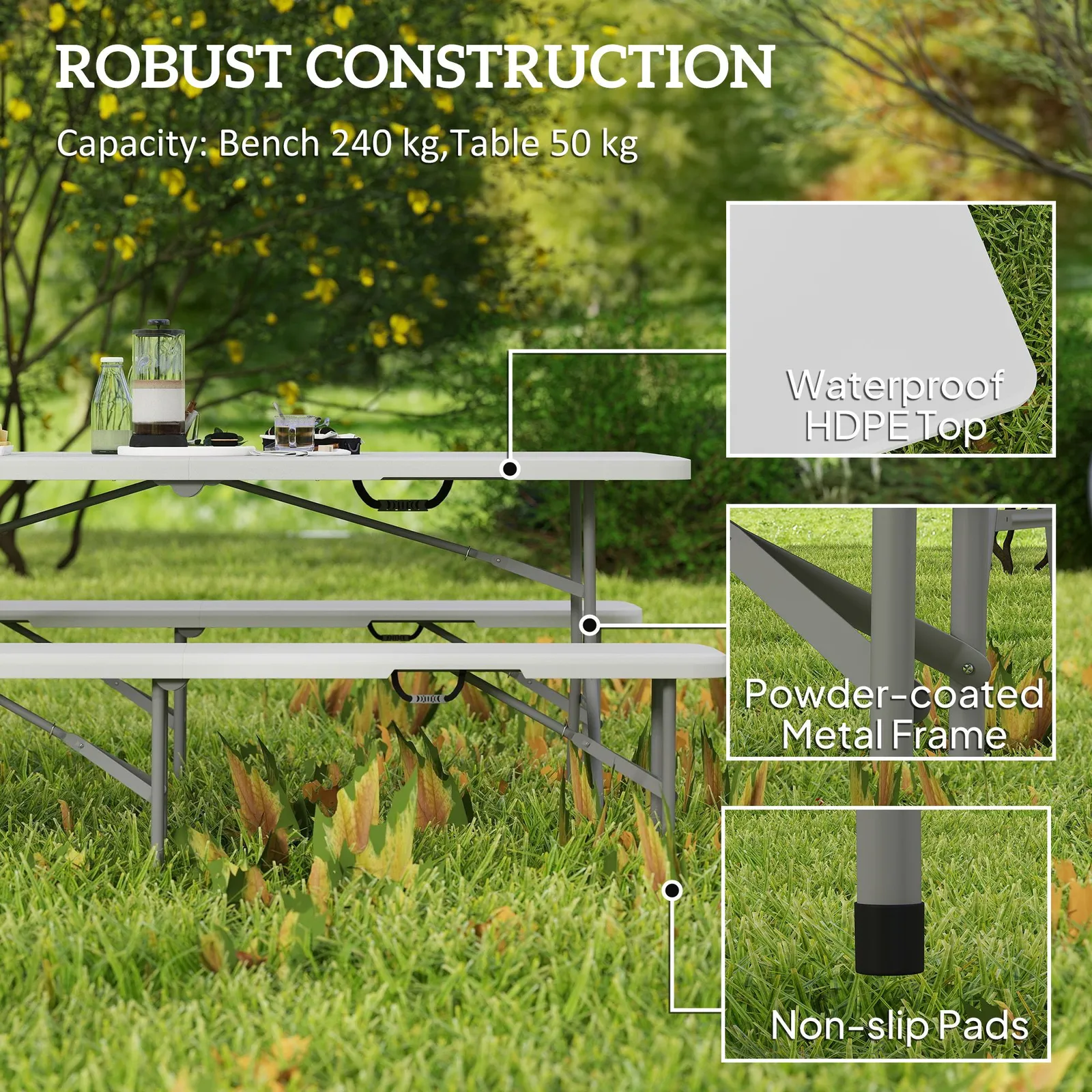 OUTSUNNY 3 Piece Folding Picnic Table & Bench Set with Handles, White 4