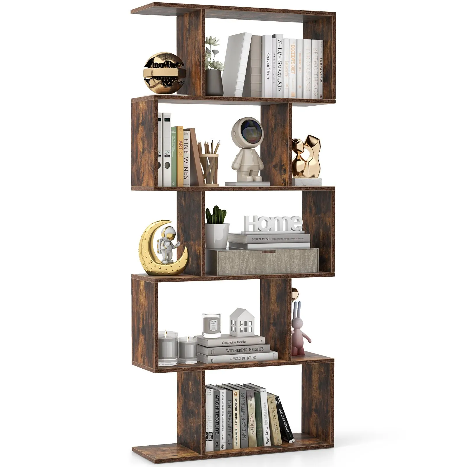 Costway 5-tier Bookcase S-Shaped Bookshelf Wooden Storage Display Rack in Brown