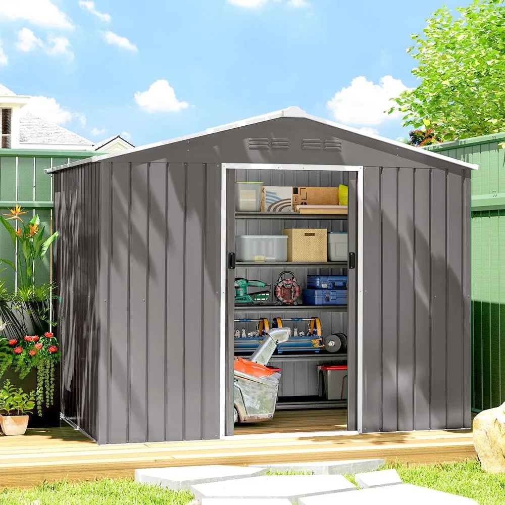 OUTSUNNY 8 x 6ft Garden Storage Shed with Double Door, Grey in Dark Grey