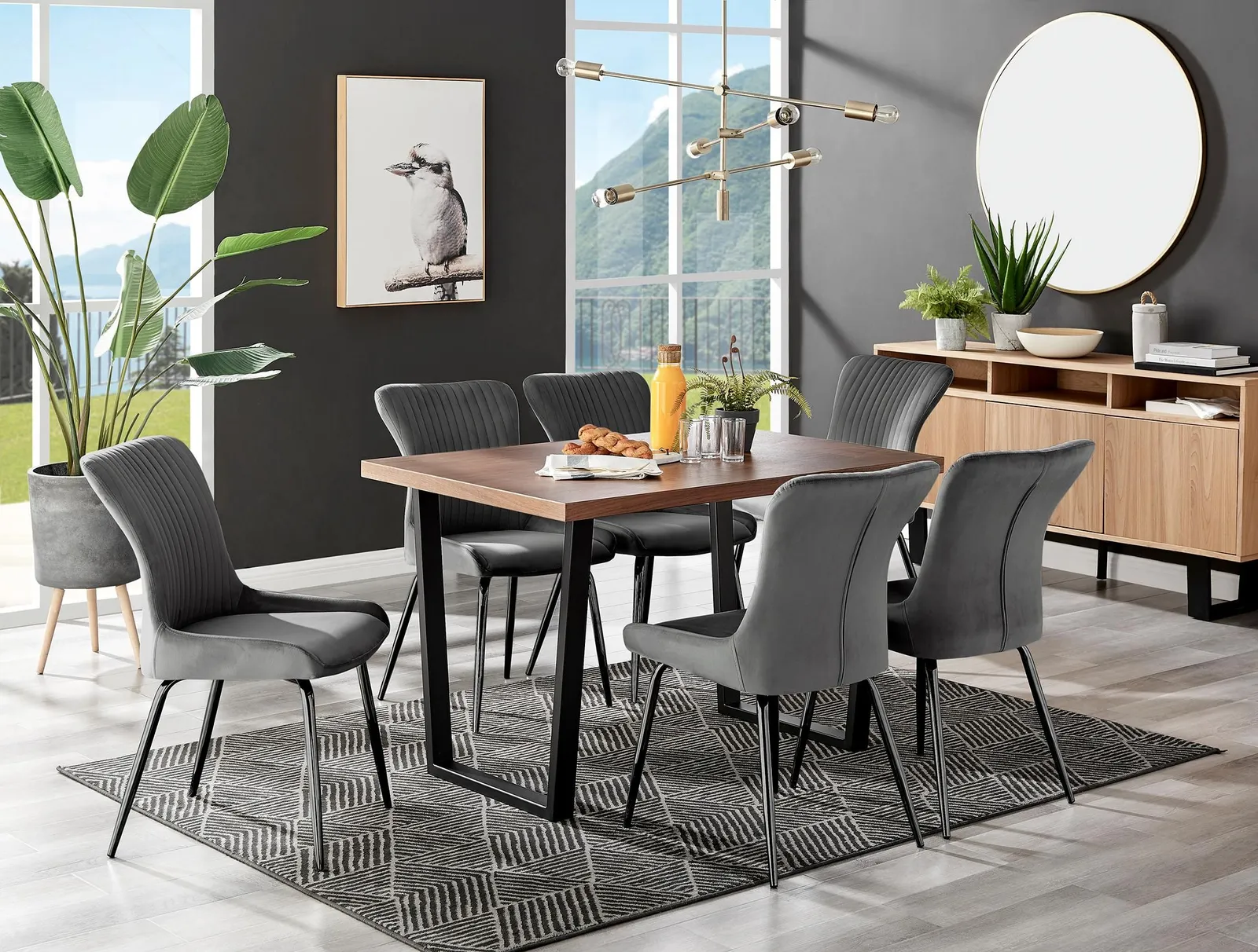FurnitureboxUK Kylo Large Brown Wood Effect Dining Table & 6 Nora Black Leg Velvet Chairs in Dark Grey 1