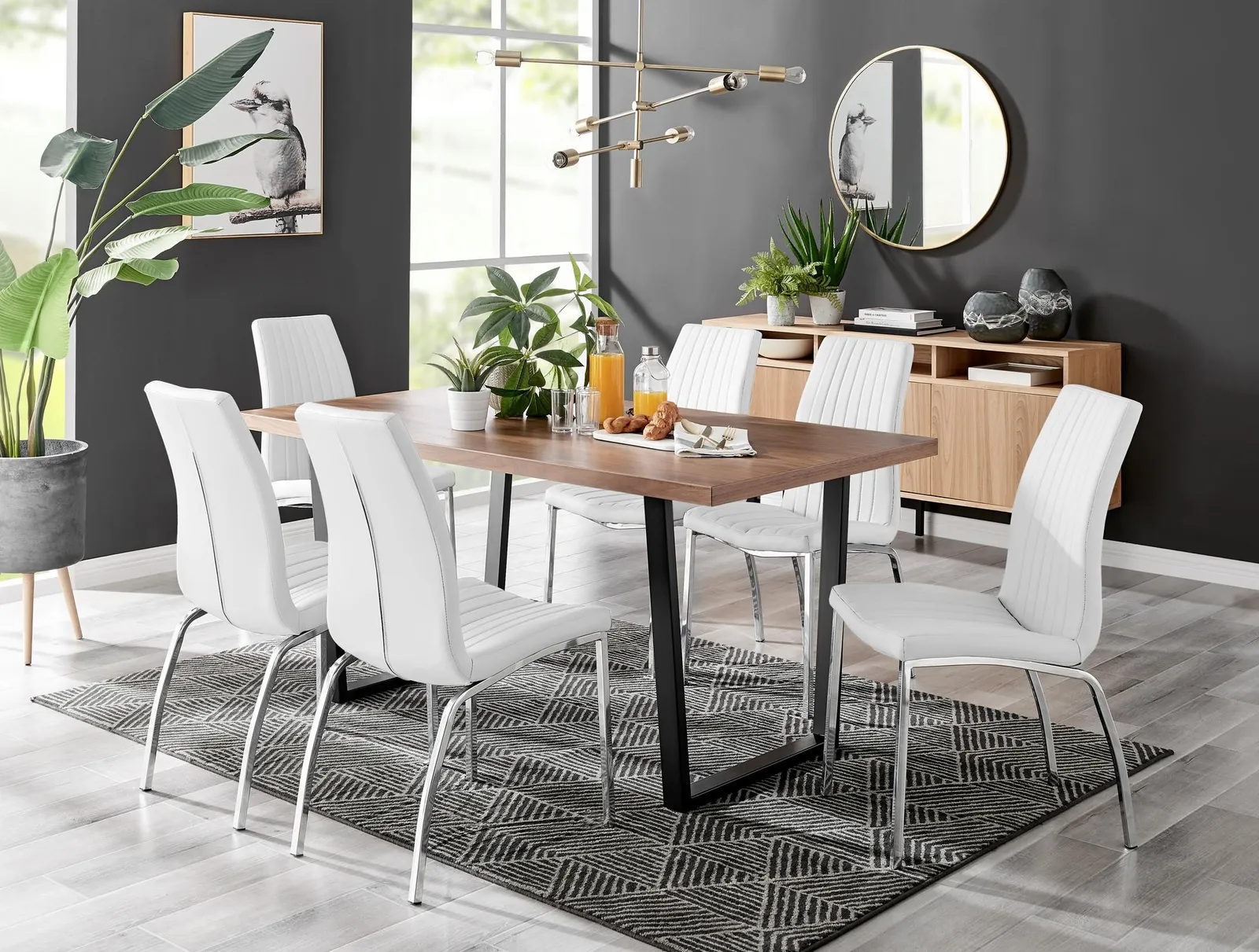 FurnitureboxUK Kylo Large Brown Wood Effect Dining Table & 6 Isco Faux Leather Chairs in White 1