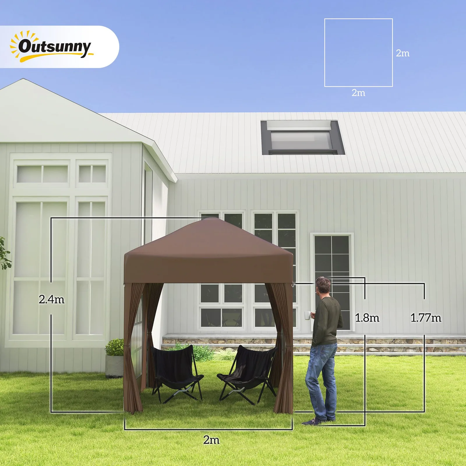 OUTSUNNY 2mx2m Pop Up Gazebo Party Tent Canopy Marquee with Storage Bag in Brown 3