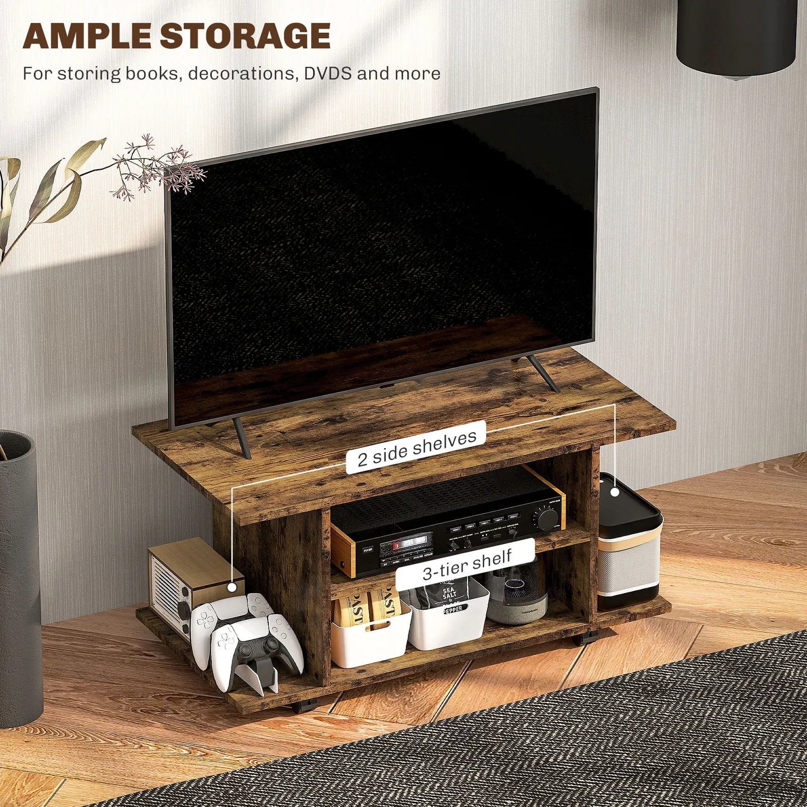 HOMCOM Modern TV Cabinet Stand Storage Shelves Table Mobile Rustic Brown 4