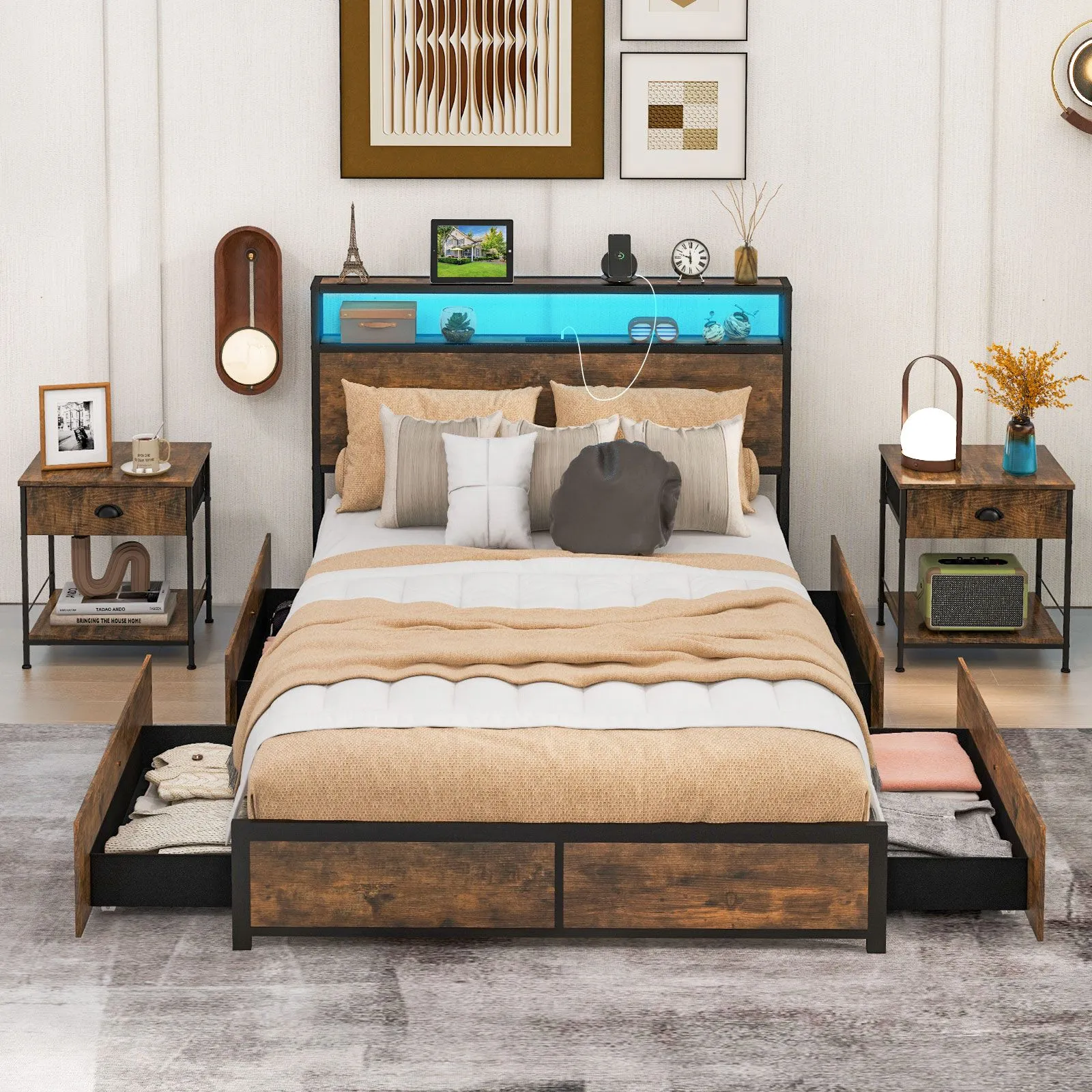 Costway Double Size Bed Frame Metal Bed Platform LED Light Headboard & 4 Storage Drawers in Brown 4