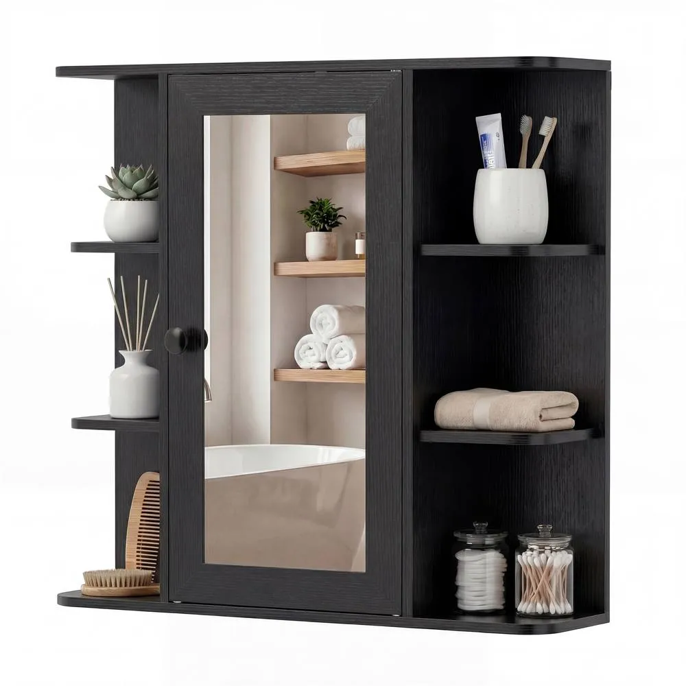 Costway Bathroom Wall Cabinet Modern Wall Mounted Medicine Cabinet with Mirror in Black