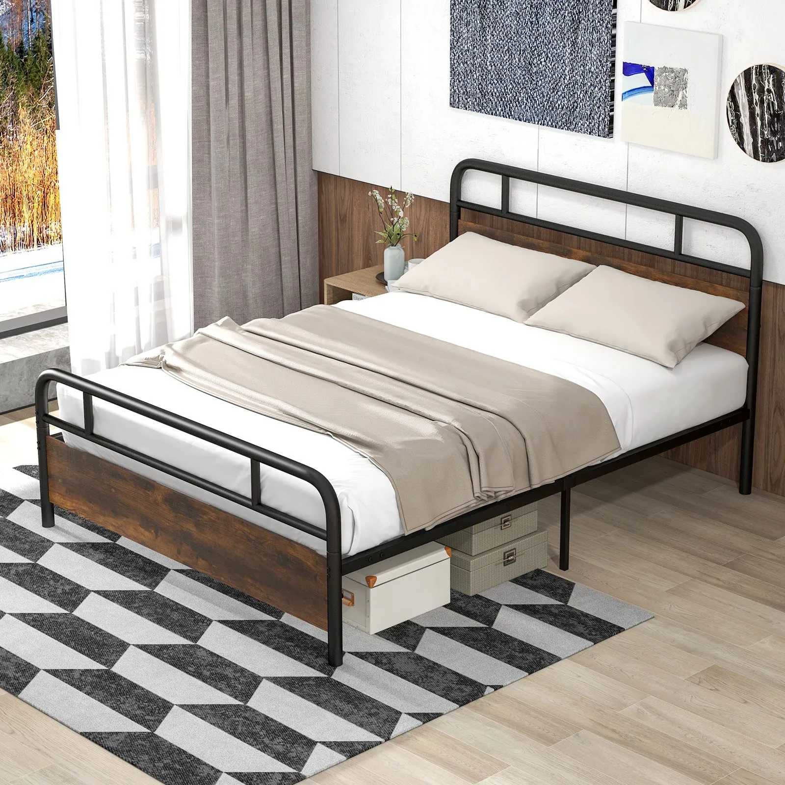 Costway Industrial King Size Bed Frame Heavy-duty Platform Bed in Dark Brown 3