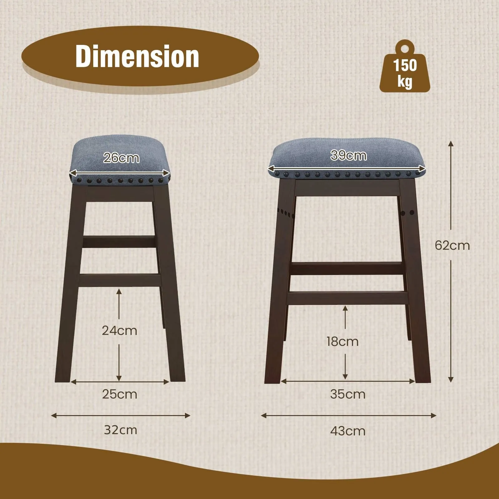 Costway 2-Piece Padded Bar Stool Set 62cm Rivet-Tufted Kitchen Island Stools in Brown 2