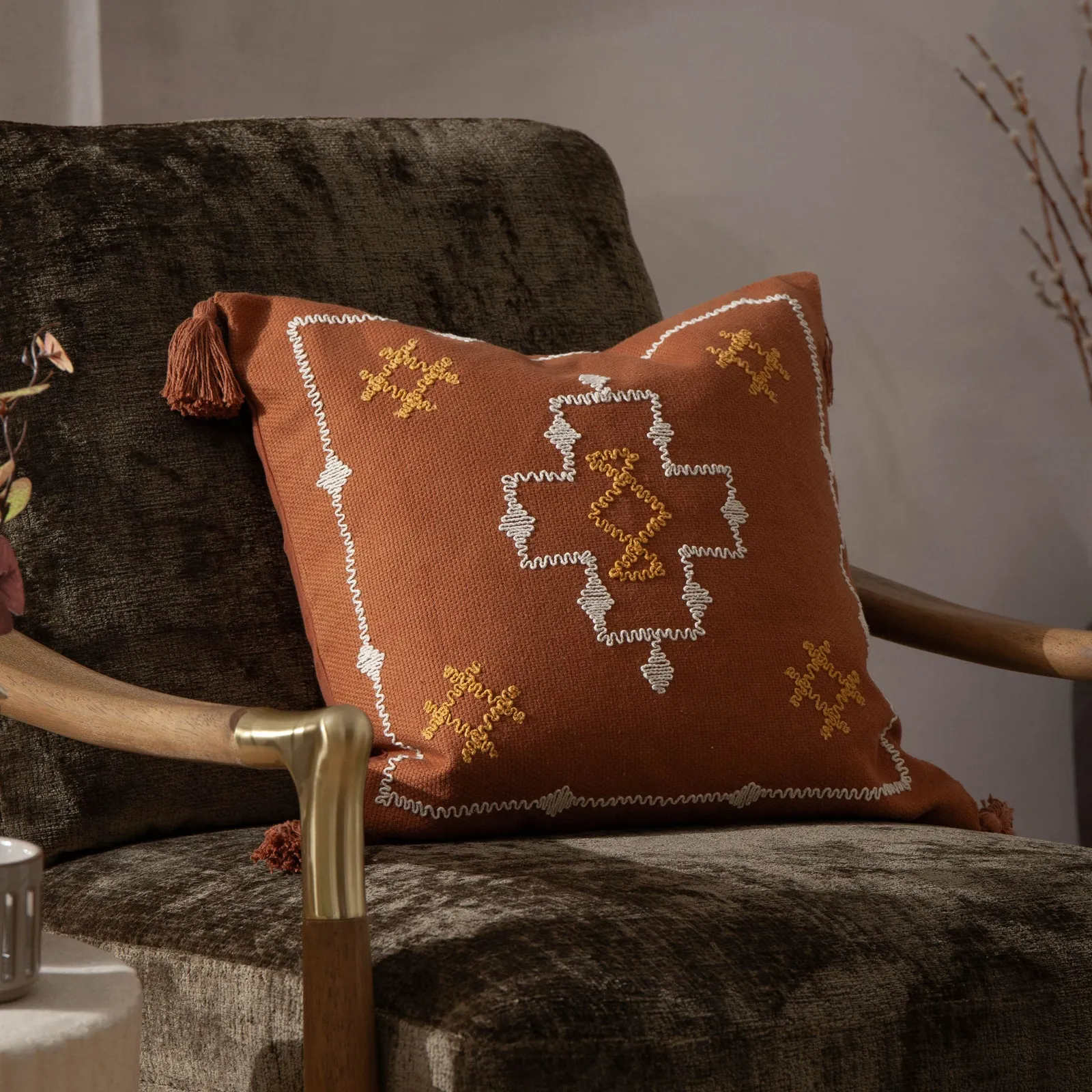 Yard Durdle 100% Cotton Embroidered Tasselled Cushion in Burnt Orange