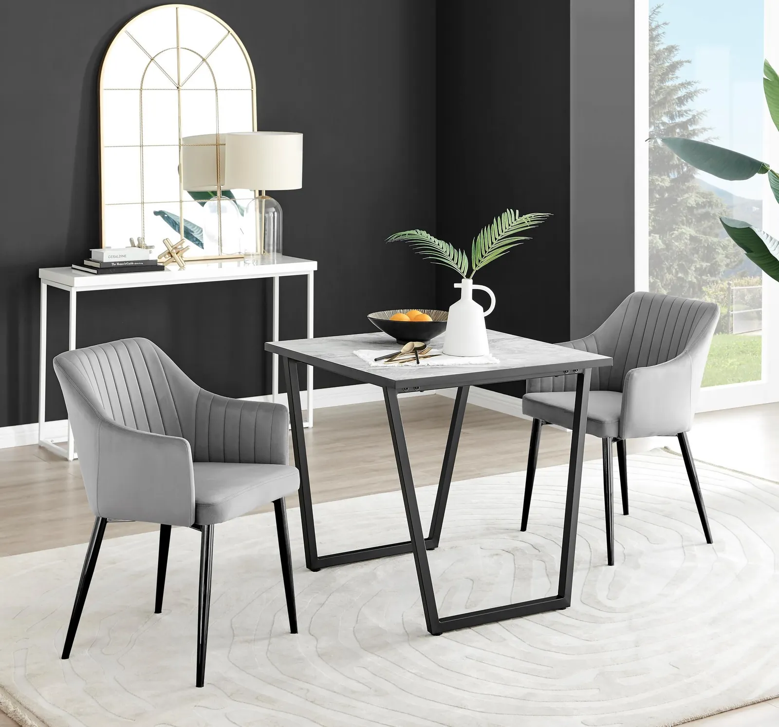 FurnitureboxUK Carson White Marble Effect Square Dining Table & 2 Velvet Calla Black Leg Chairs in Grey