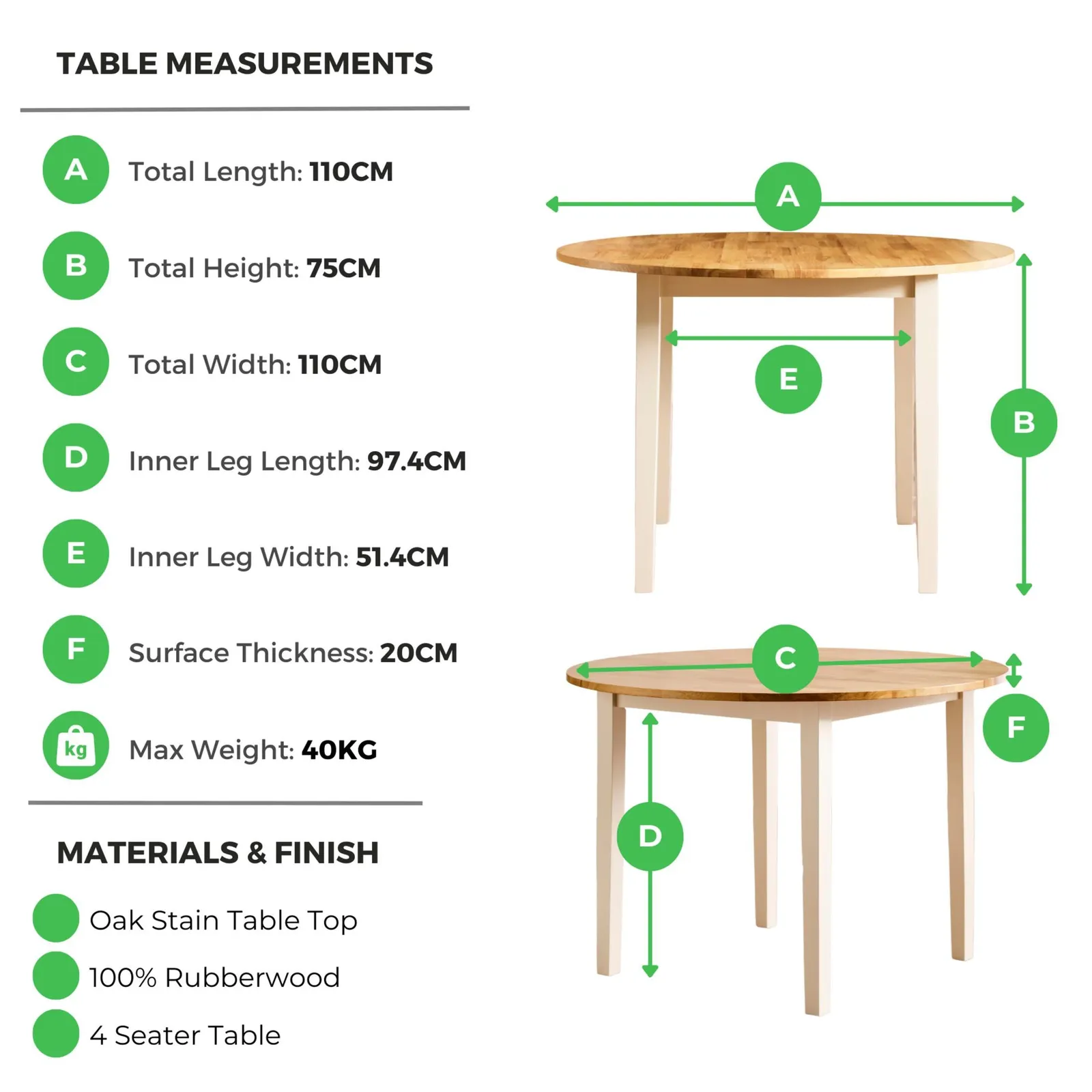 FurnitureboxUK Salcombe Round 4-Seater Solid Wood Dining Table In Cream with Oak Colour Top 6