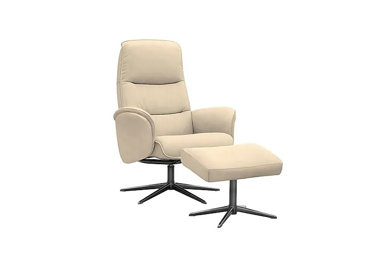 Falum Fabric Swivel Recliner Chair and Footstool with Black Base - Stingray Linen