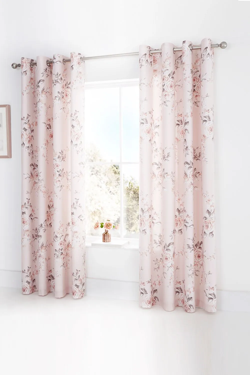Catherine Lansfield 'Canterbury Floral' Lined Eyelet Curtains in Pink