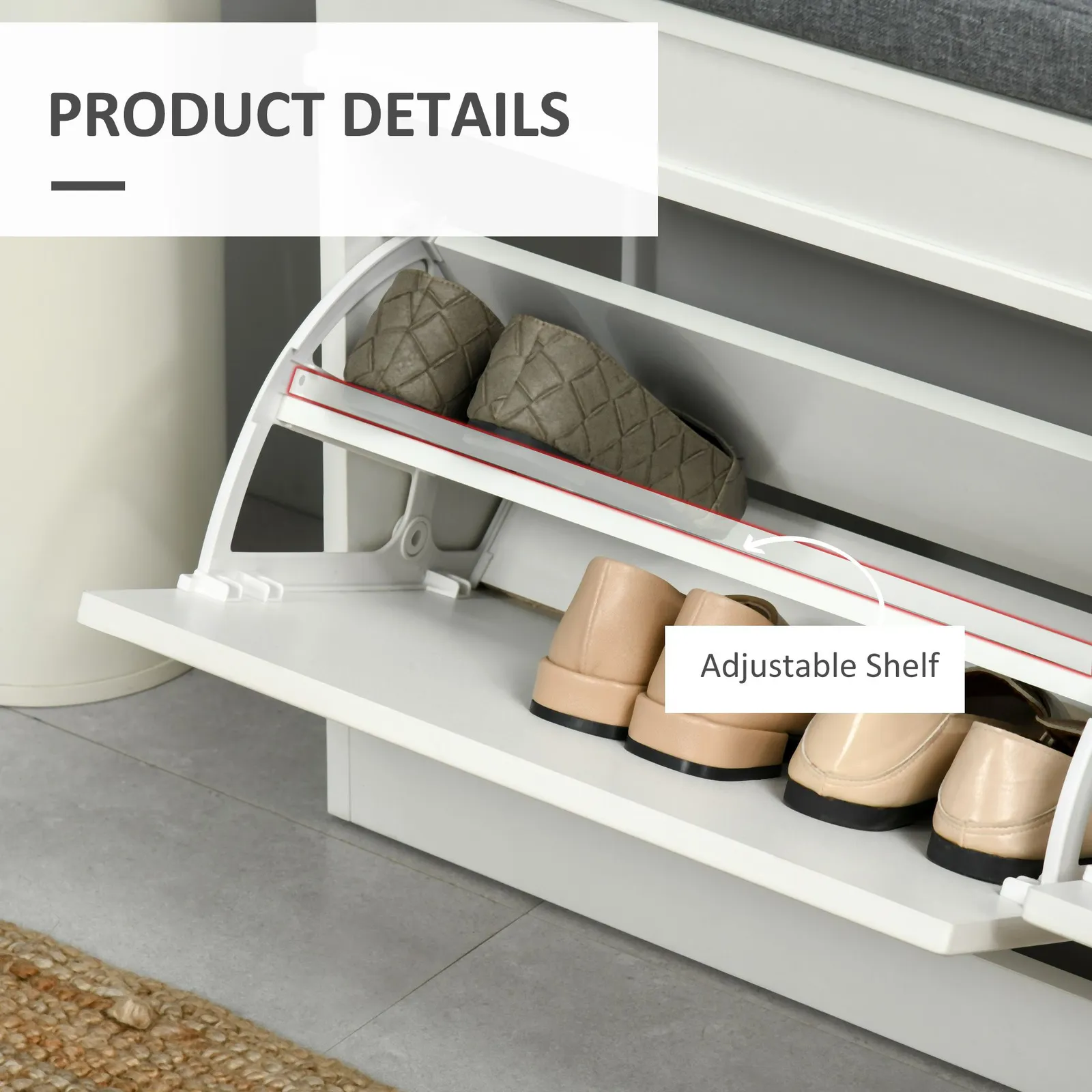 HOMCOM Shoe Storage Bench with Seat Cushion Cabinet Organizer with 2 Drawers in White 6