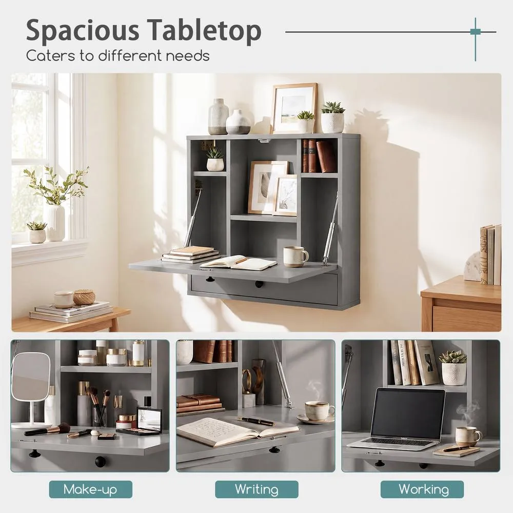 Costway Wall Mounted Fold Down Desk Computer Workstation w/ Drawer in Grey 6