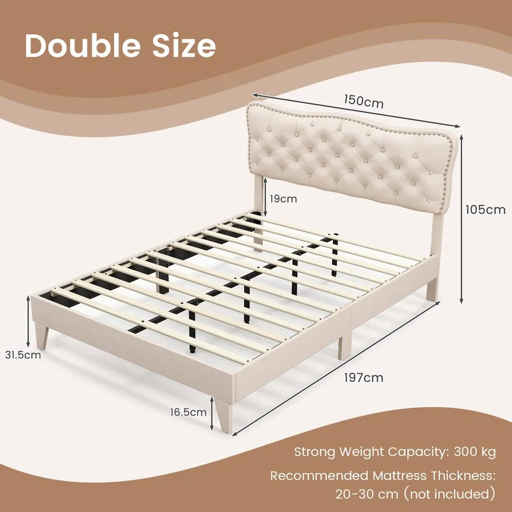 Costway Double Size Bed Frame Wooden Slats Platform w/ Upholstered Headboard in Beige 2