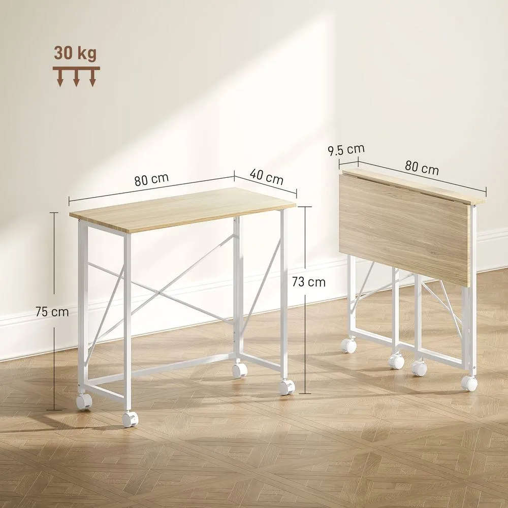 HOMCOM Folding Desk on Wheels, Writing Table for Home Office, Natural in Light Oak 3