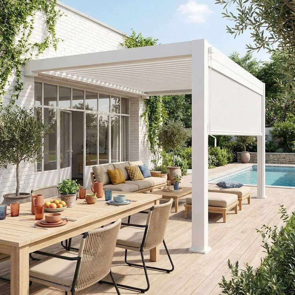 sweeek Lean to pergola with louvered roof in aluminium 4x3m + 4m blind in White