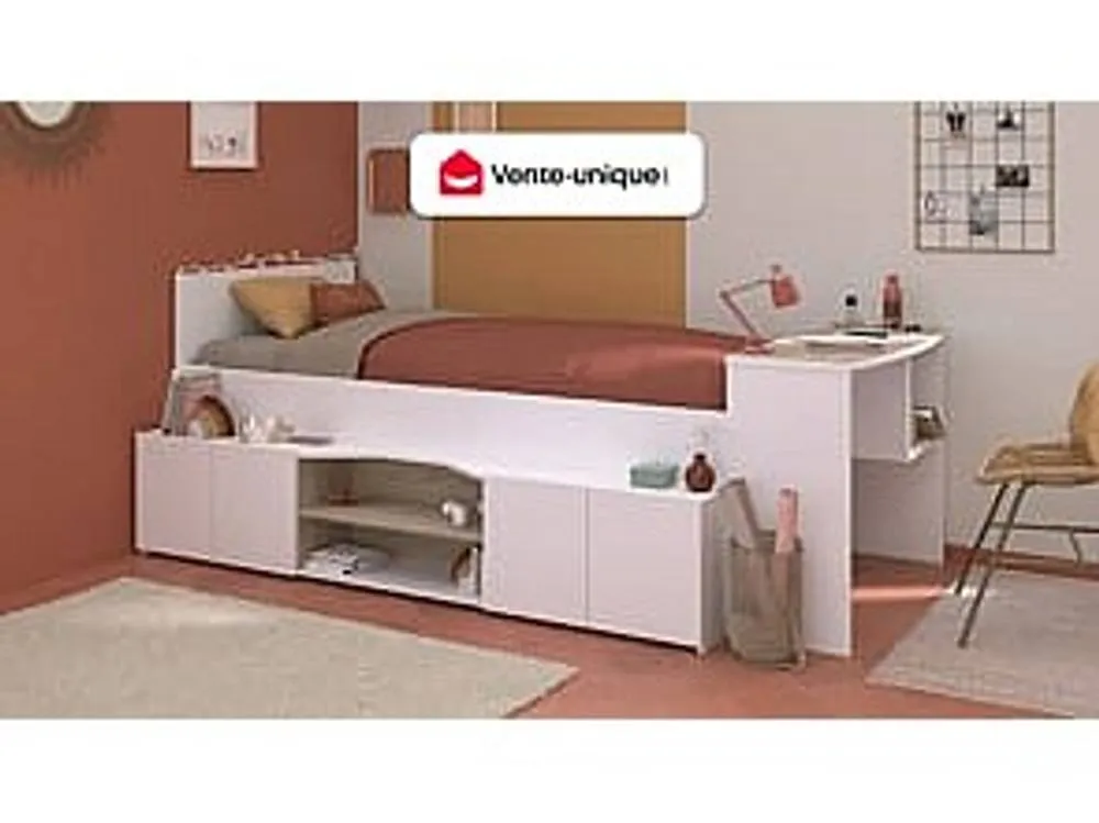 Vente-unique Combination Bed 90 X 190/200 Cm With Desk & Storage - White and in Light Oak 4